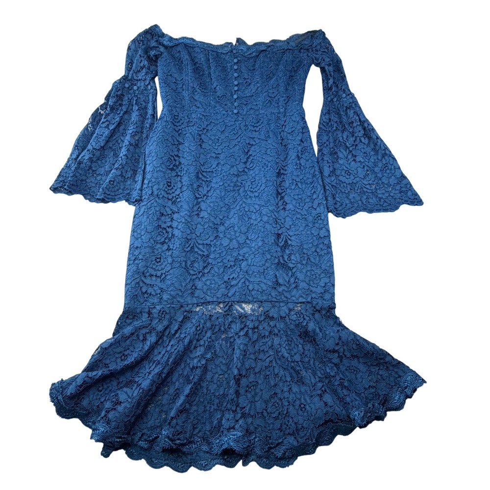 N Nicholas Blue Lace Octavia Cocktail Dress Off Shoulder Bell Sleeve S 8‎ - Picture 2 of 16